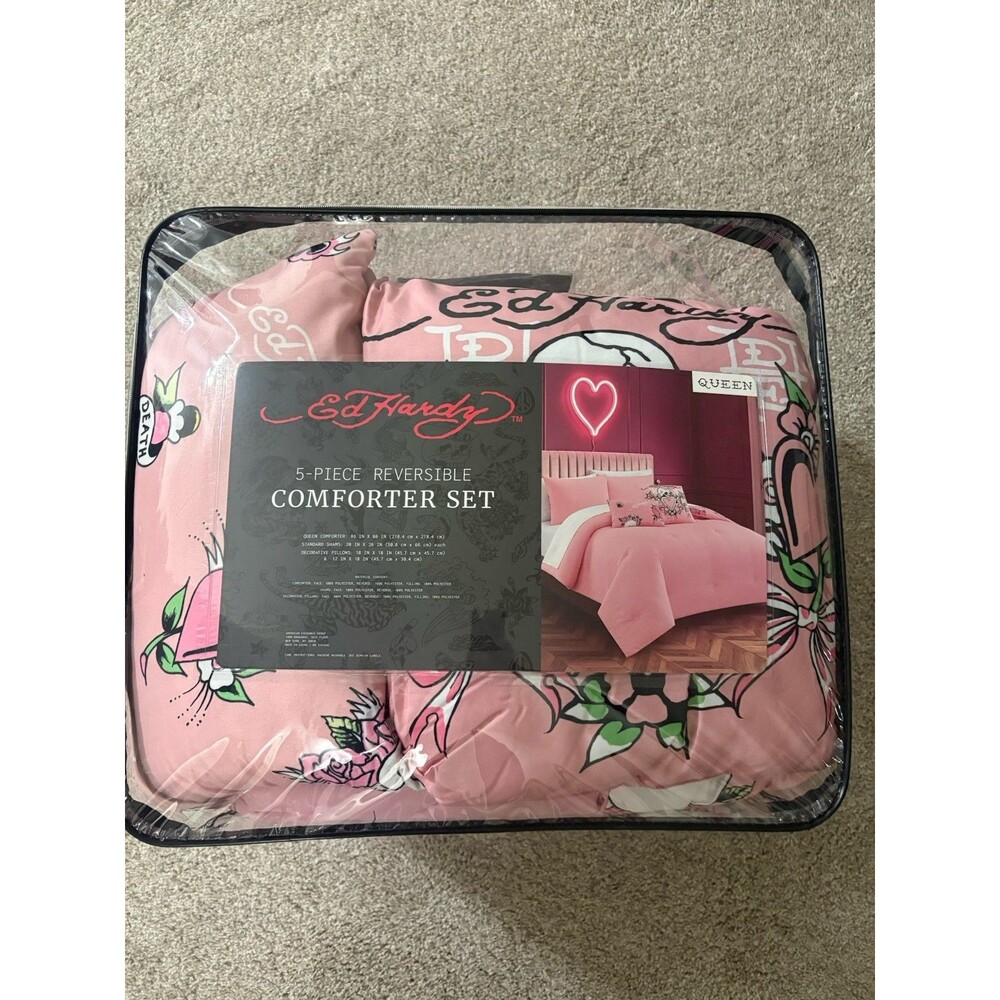 Ed Hardy 5 Piece Reversible Queen Comforter Set Pink